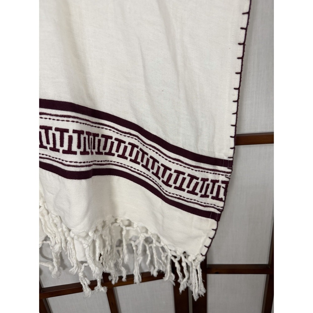 Tory Burch Woven Cotton Hooded Poncho Cover Up Ivory Burgundy Fringe Indie Beach - Picture 8 of 10